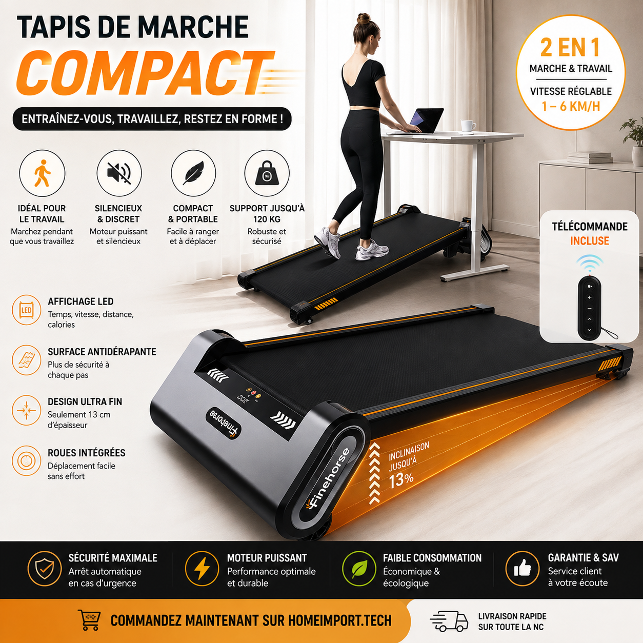 Tapis de marche compact inclinable